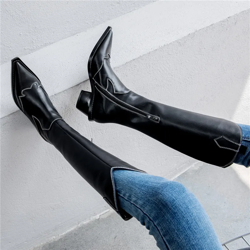 Женские ботинки FEDONAS черные до середины икры с острым носком из натуральной кожи