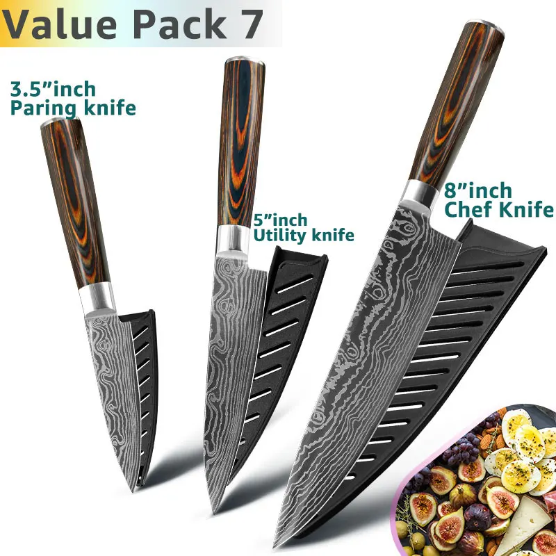 Value Pack 7 Набор кухонных ножей поварские ножи 7CR17 440C из высокоуглеродистой нержавеющей стали дамасский нож для нарезки мяса сантоку набор из 5 предметов - Цвет: Value Pack 7