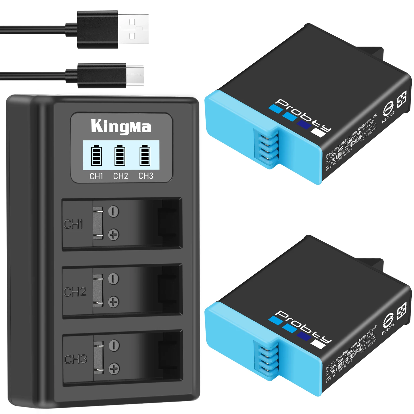Зарядное устройство Probty1680mAh Hero 8 с 3 слотами и ЖК дисплеем USB кабель для GoPro 6 7