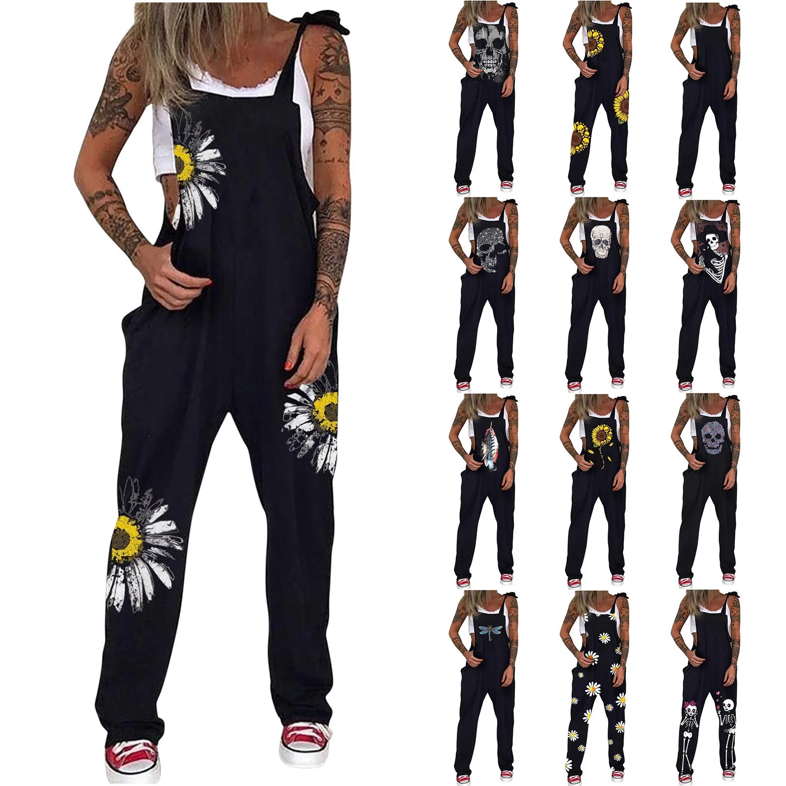 

Модные женские летние комбинезоны, Облегающий комбинезон в стиле панк с принтом черепа, повседневные Свободные Комбинезоны с принтом марга...