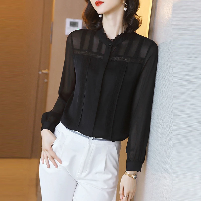 

Plus Size Black Chiffon Shirts Women Summer Elegant Long Sleeve Tops New Arrival 2021 Korean Style Woman Blouses Shirts