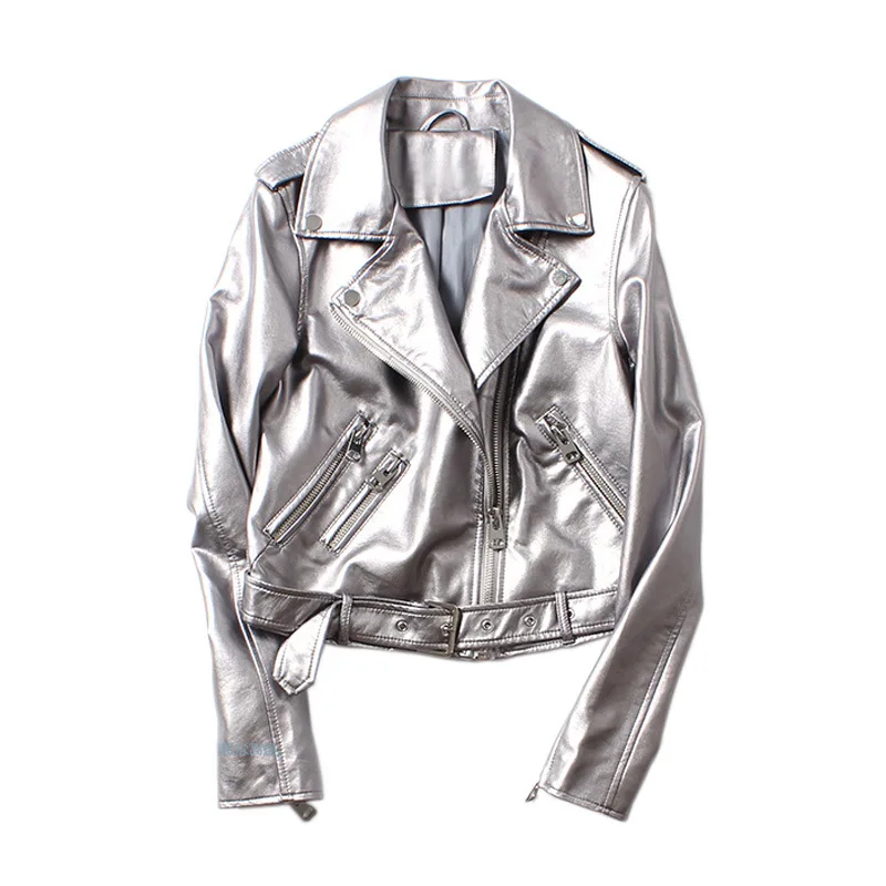 

2020 Spring Autumn Silver Leather Jacket Women Washed PU With Belt Rivets Bomber Motorcycle Biker Coat Female Outerwear Clothes