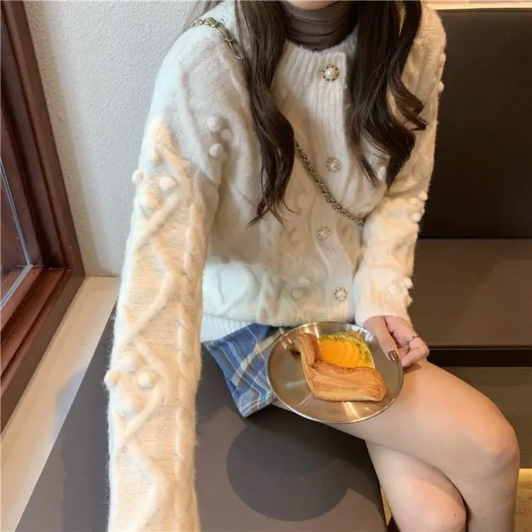 Women Twist Ball Thick Knit Cardigan Cardigans Autumn Preppy Style Beading Pearl Knitwear Sweater |