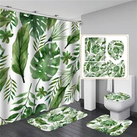 green tropical plants leaves printed shower curtain set waterproof bathing screen with non slip toilet lid cover mat home decor