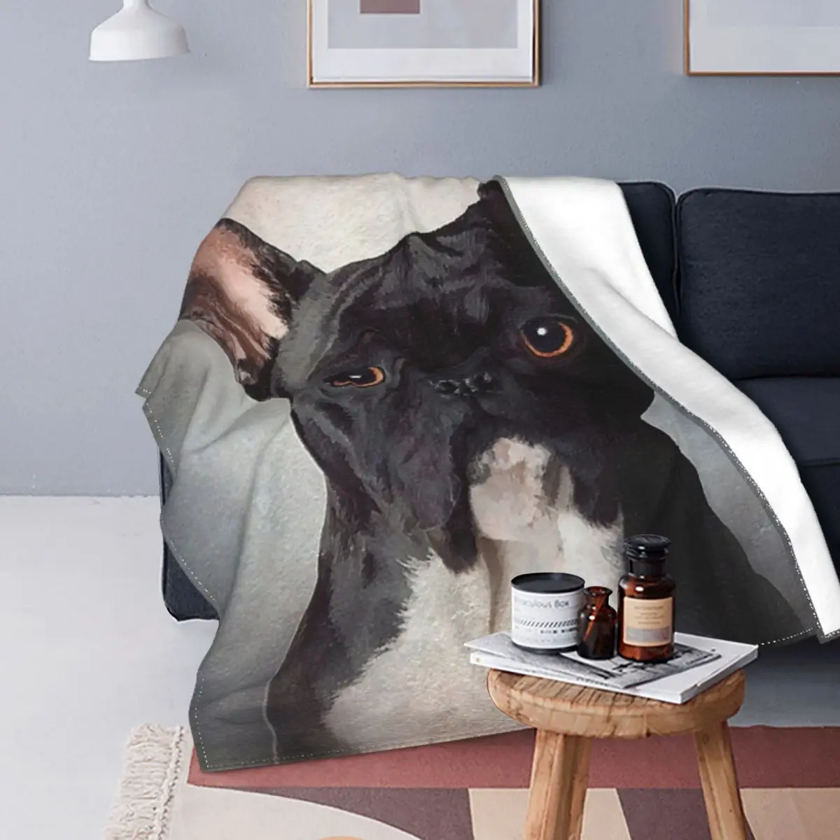 

Manta artística D27 de perro Bulldog Francés, decoración textil de terciopelo, bonita manta cálida multifunción para sofá, Alfom