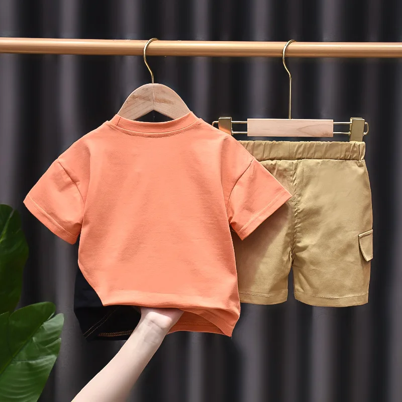 

Toddler Baby Boys Handsome Clothing Set 2021 Summer Letter Patchwork Bag T-Shirt +Tooling Shorts Children Casual Outfits