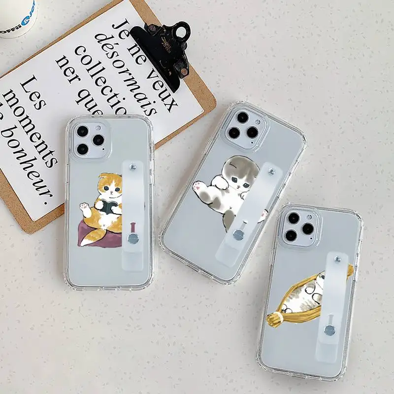 

Cute cartoon cat Phone Case Wrist Strap For iPhone 7 8 11 12 X XS XR MINI Pro Max Plus Hand Band Transparent Clear
