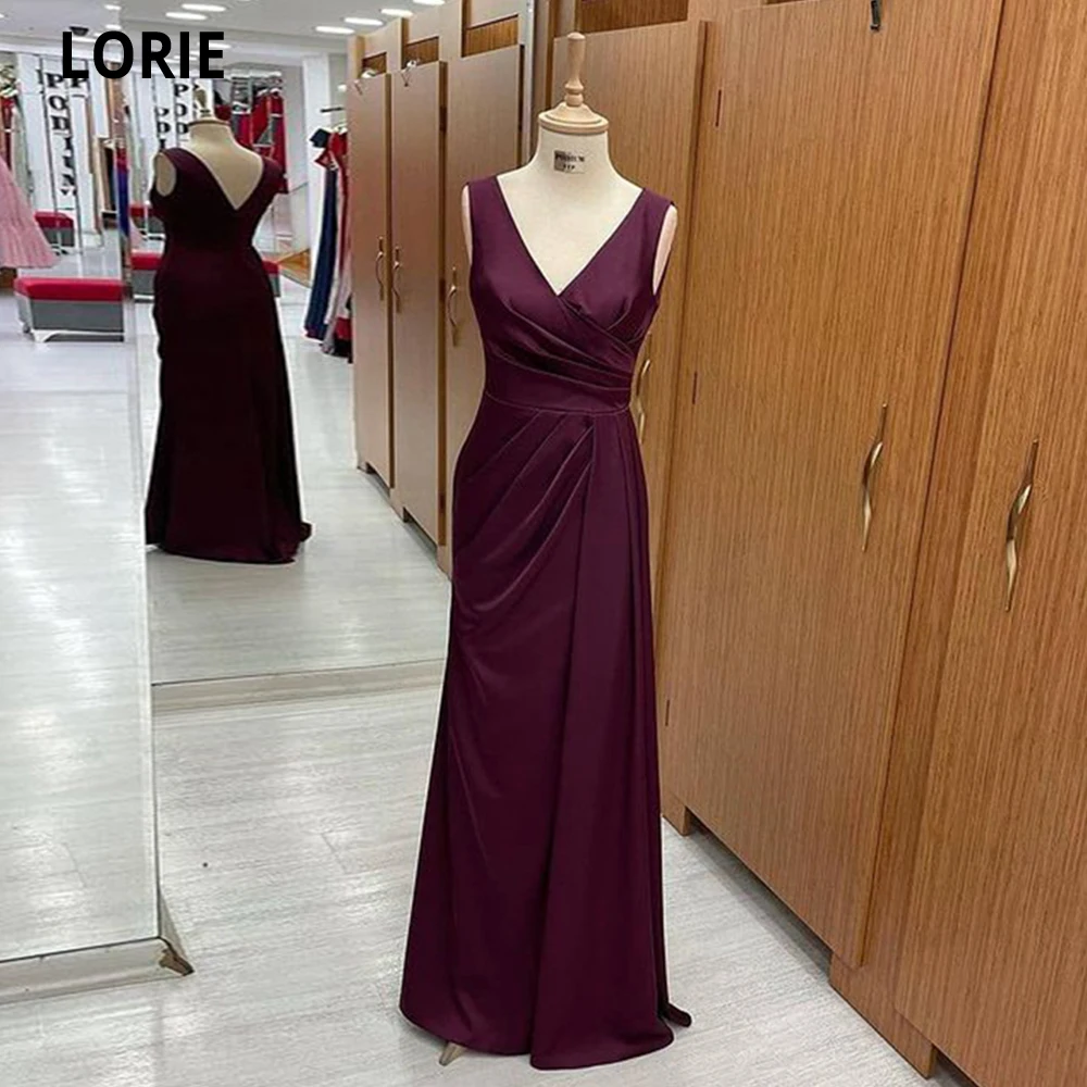 

Lorie Grape Satin A Line Prom Dresses 2021 V Neck Pleats V Back Evening Gowns Long Simple Formal Party Dress Vestidos De Noche