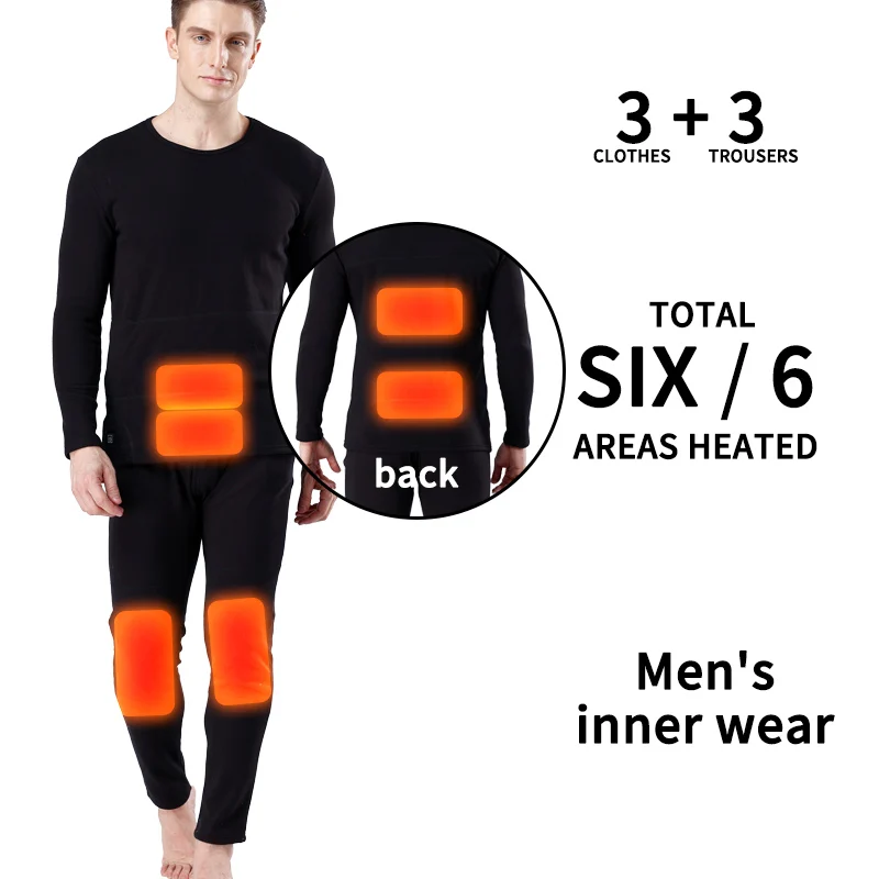 

Winter outdoor Heating Underwear Set USB Battery Powered Electric Heated Warm Tops Pants 3+3-Zone Control Temperature Underwear