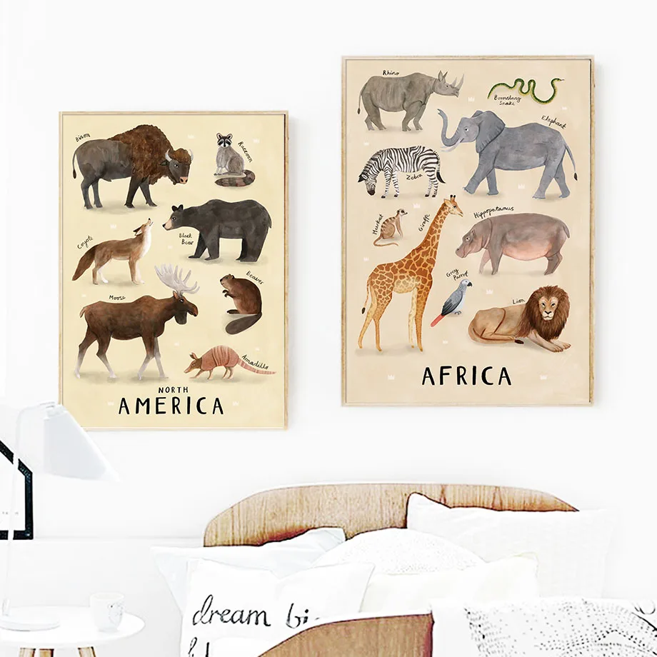 Антарктика Америка Европа Азия Африка животные настенная живопись холст