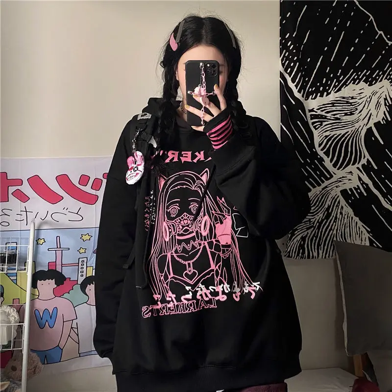 

HOUZHOU Harajuku Kawaii Anime Print Hoodies Women Autumn Winter Korean Style Black Oversized Hoodie E Girl Gothic Streetwear