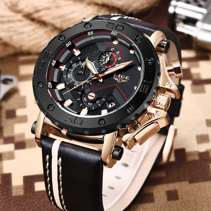 2020LIGE Rose gold Mens Watches Top Brand Luxury Big Dial Military Quartz Watch Leather Waterproof Sport Chronograph Men | Наручные часы