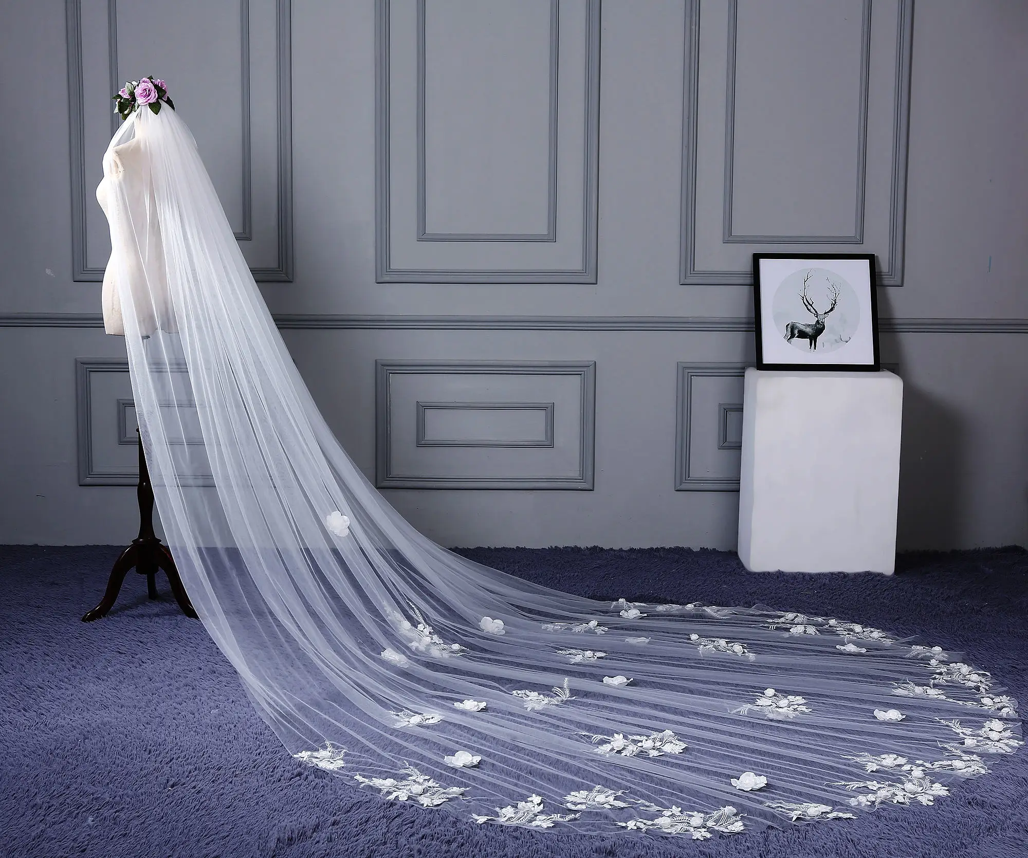 Tanpell Amazing 3D Flowers Appliques Cathedral Wedding Veil One-Layer Ivory Tulle Long Accessories Bridal For | Свадьбы и торжества