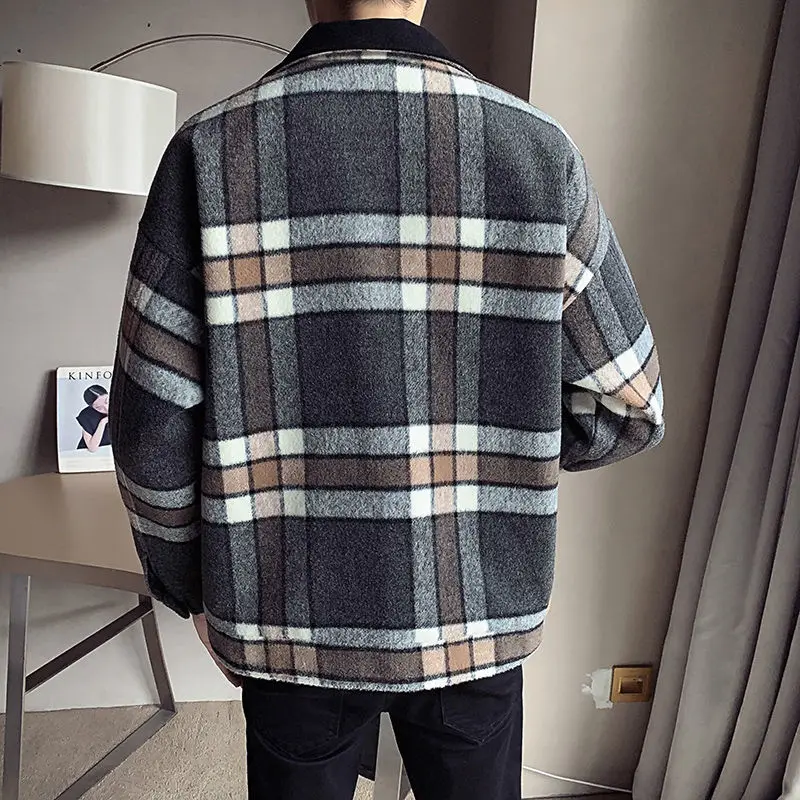 

Autumn And Winter Men Jacket Single Breasted Turn-Down Collar Plaid Casual Style Men Jacket Woolen Thick Jacket