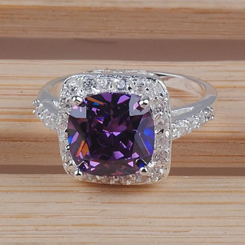 Luxury Women Princess Cut Purple Zircon Rings for Wedding Engagement Promise Bridal Ring Set Jewelry |