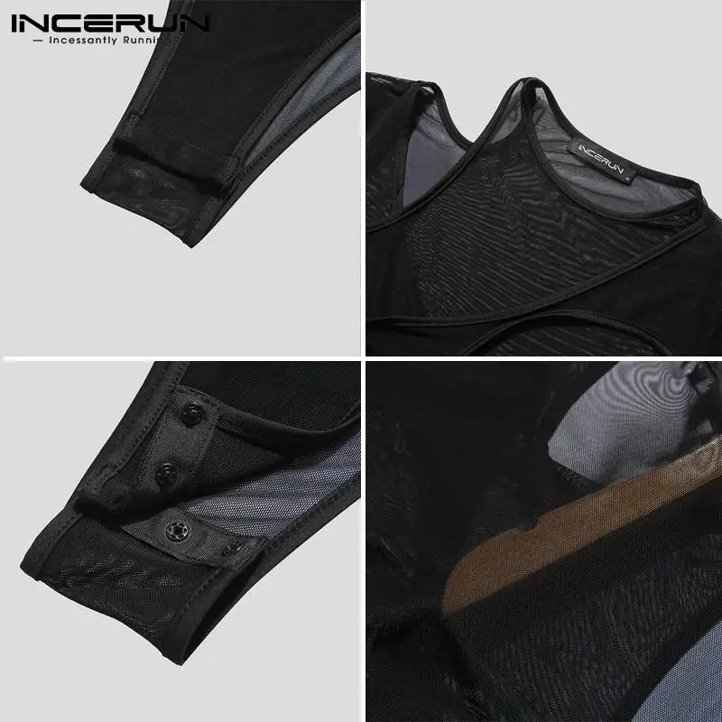 Comfortable Homewear New Men's Long Sleeve Triangle Rompers Sexy Leisure Breathable Mesh Patchwork Hot Sale Bodysuits S-5XL 2022