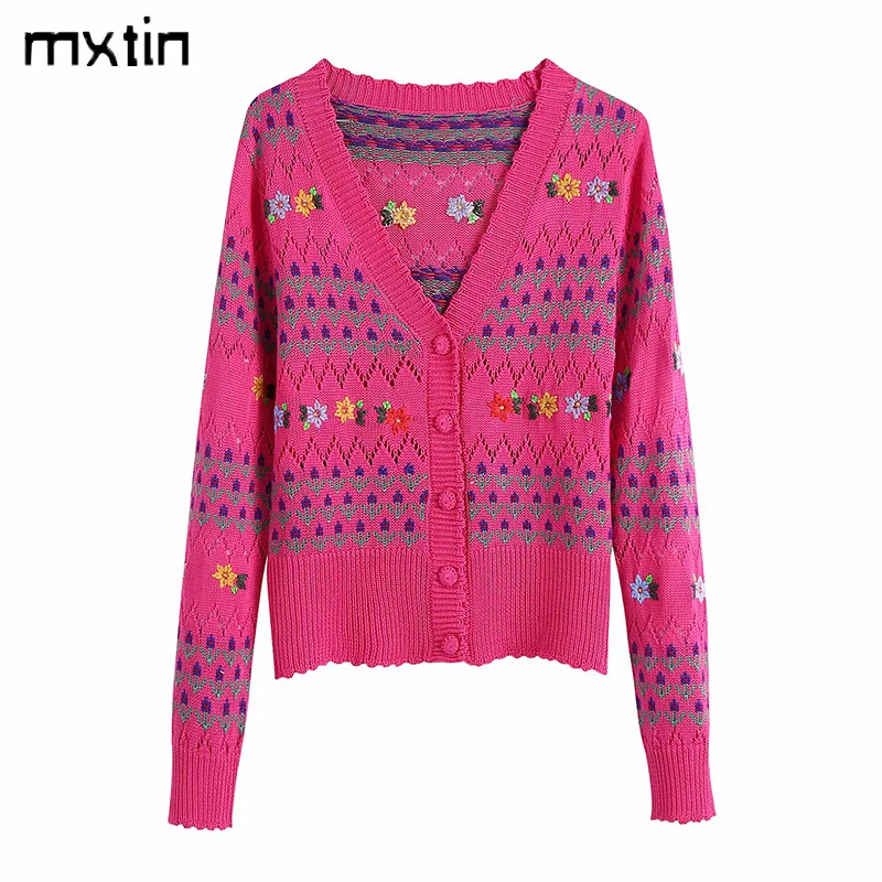 

MXTIN 2021 женский весенний винтажный кардиган с цветочной вышивкой, вязаный свитер, модная верхняя одежда с V-образным вырезом и длинным рукаво...