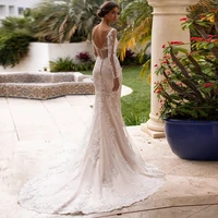 champagne mermaid wedding dresses illusion long sleeves v neck lace applique backless bridal gown vestido de noiva
