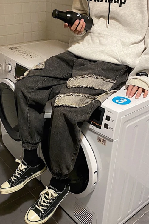 

M-5XL!Distressed retro fat and fat increase large size raw edge jeans male straight beam pants pants beggar pants.