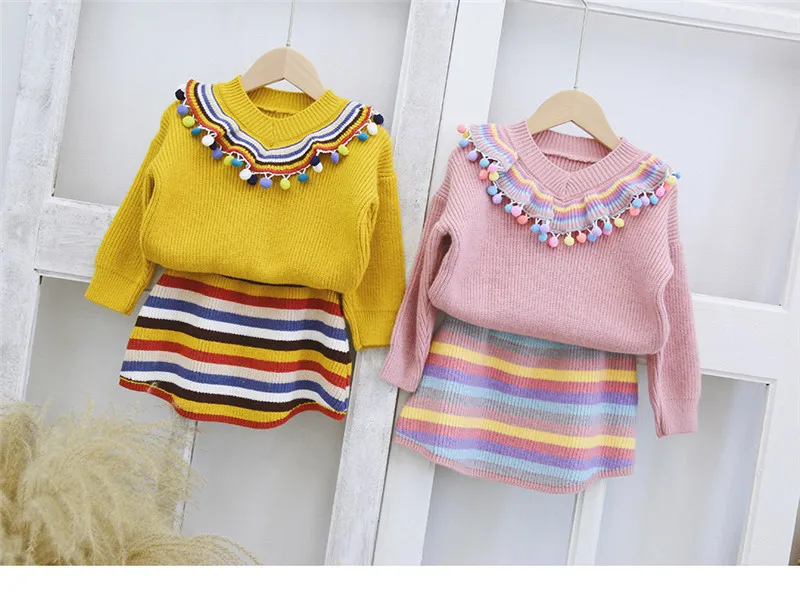 Knit комплекты трикотажной одежды для девочек; детский шерстяной свитер в полоску; платье-комбинезон; пуловер с кроличьими волосами; комплект одежды для детей