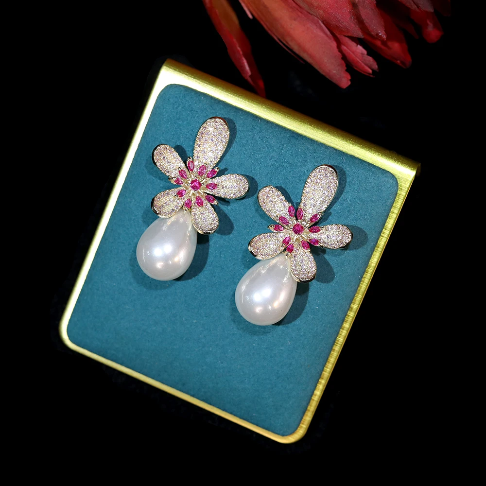 Серьги женские с черным жемчугом и розовым цветком фианитом E0049 | Украшения