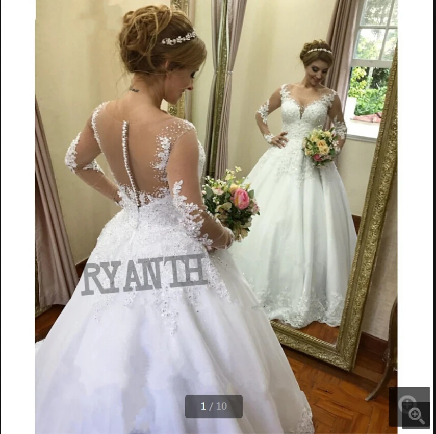 

Robe de mariage white tulle ball gown wedding dress beaded long sleeve lace appliques modest bride dresses princess plus size
