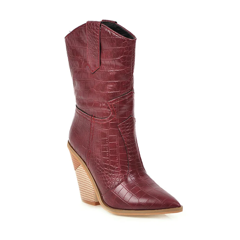 

New Classic Embroidered Western Cowboy Boots for Women Leather Cowgirl High Heels Shoes Mid Calf Woman Boots Comemore 2021