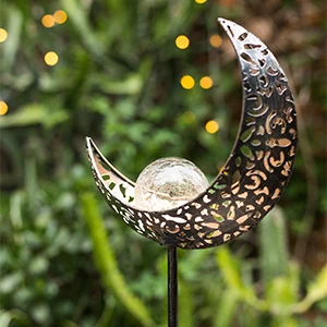 Antique Brass Hollow-Carved Metal Moon with Warm White Crackle Glass Globe Stake Lights Waterproof Outdoor for Lawn Patio Yard | Освещение