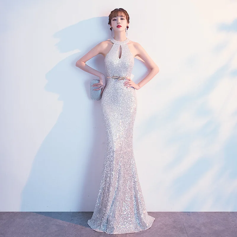 

Office Lady Elegant Exquisite Formal Party Dress Sexy Hollow Out Slim Mermaid Dresses Silver Temperament Sequins Banquet Gown