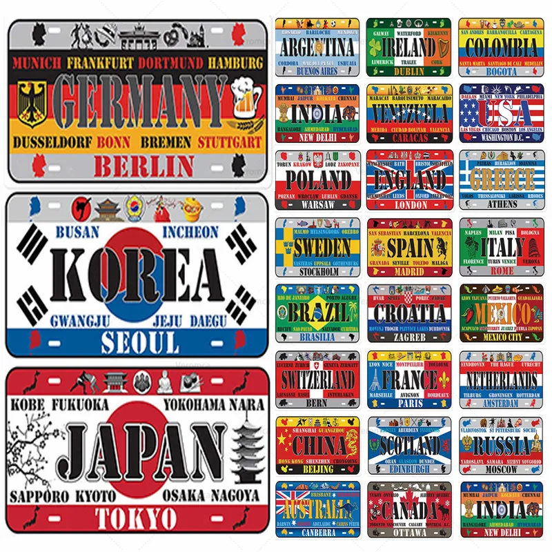 

Vintage Poster Metal Tin Signs Different Countries And Their Flag Iron Painting Wall Decoration Art Poster Wall Plaque Plate