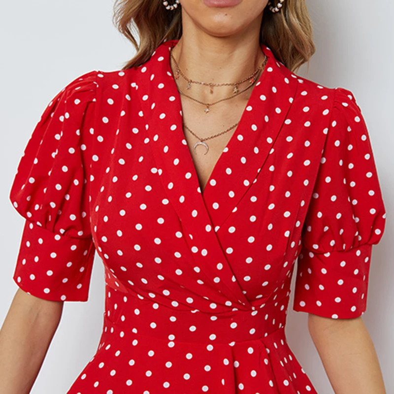 

Elegant Dot Print Dress Women V Neck Puff Sleeve High Waist Lace-Up Dresses Women 2021 Summer Slim Casual Dress Female LD2152