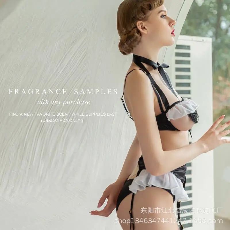 

Sexy underwear open breast bra set garter transparent hollow three-point sexy pajamas spot