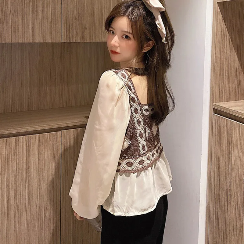 

Ladies Square Collar Chiffon Shirt Western Style Design Autumn Korean Fashion Long-sleeved Chiffon Shirt Women