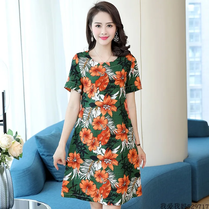 

New Women Comfortable Print Cotton Dress Plus Size Middle-aged Ladies Loose Summer Dress Mother Clothing Female leisure Vestidos