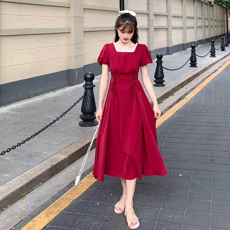 

2020 New Vintage French Immortal Lace Trim Stitching Slim-Fit Bandage Summer Careful Machine Expandable lolita Dress women