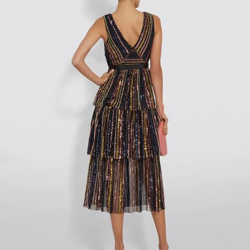 Женское платье миди с блестками и V-образным вырезом | Женская одежда