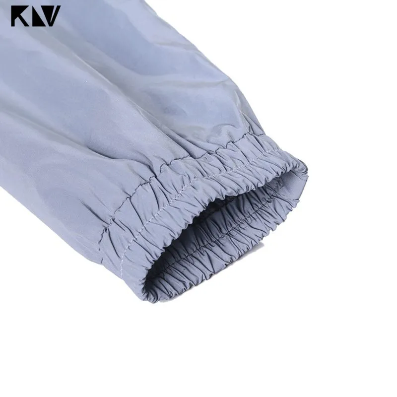 KLV осенние женские светоотражающие с длинным рукавом, с капюшоном, на молнии, Молодежные кроп топы для ночного бега, ветровка, короткое пальто, куртка