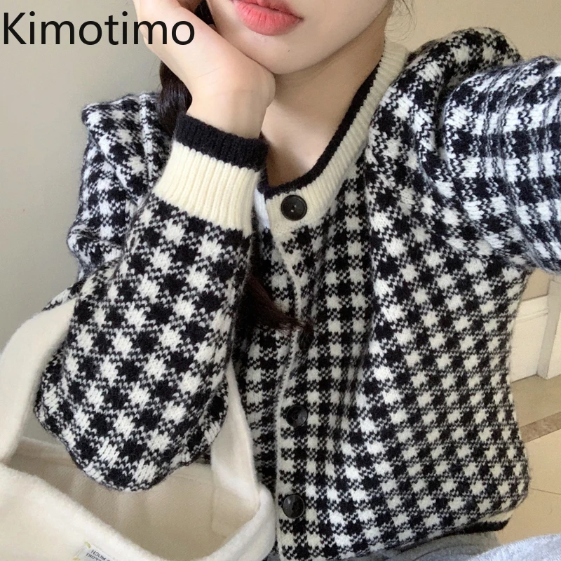 

Kimotimo Retro Plaid Knit Cardigan Women 2021 Autumn Winter All-match O-neck Sweater Coat Korean Fashion Long Sleeve Cardigans