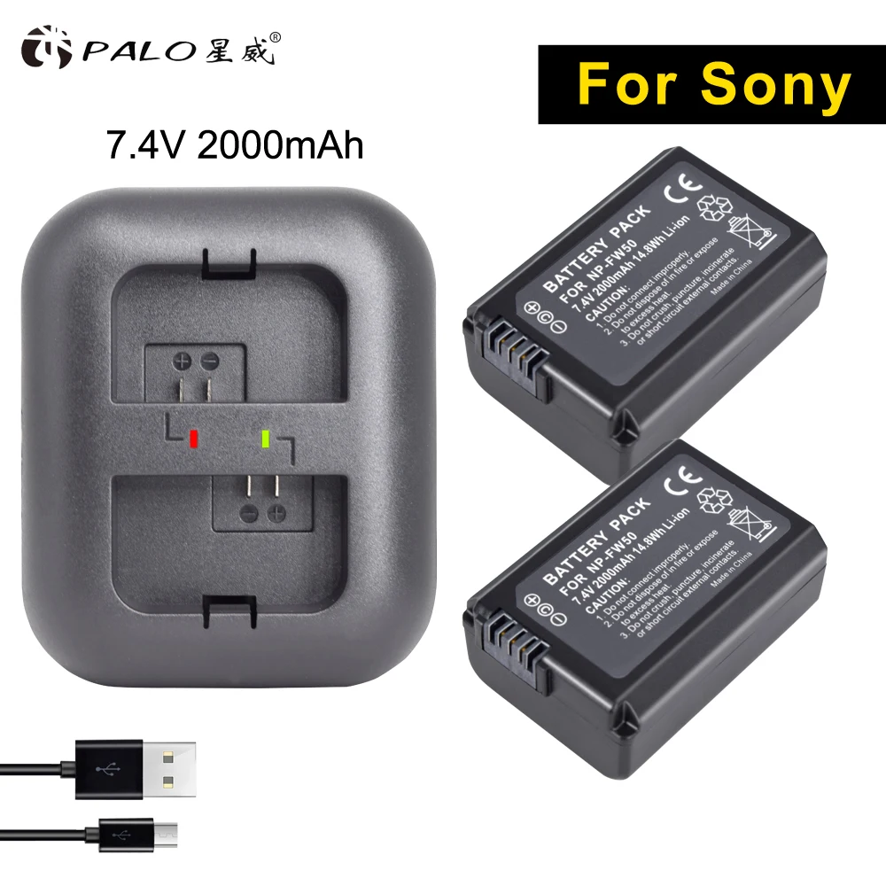 PALO 2 шт. 2000 мАч NP FW50 батарея для цифровой камеры AKKU + USB двойное зарядное устройство