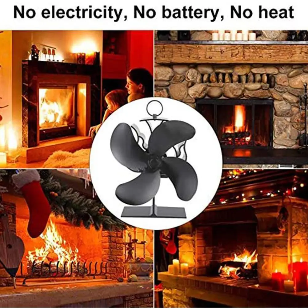 

4 Blades Heat Powered Stove Fan Log Wood Burner Quiet Fan Distribution Fireplace Black Heat Efficient Home