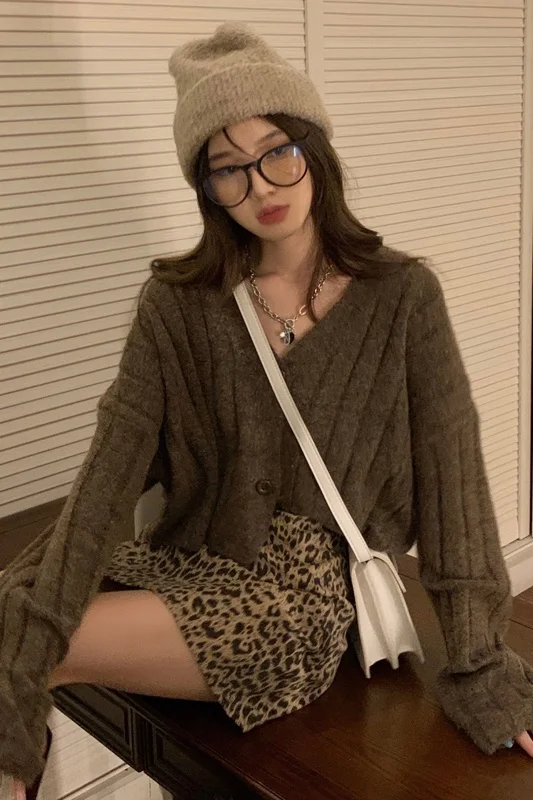 Женский корейский Кардиган кофейный однобортный шерстяной короткий вязаный