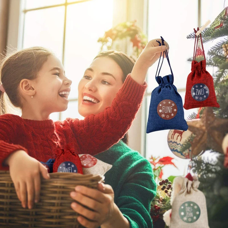 

3 Colors Christmas Advent Calendar Linen Cotton Bag Xmas Tree Hanging Gift bags Set Xmas Party Decoration Candy Drawstring Bags