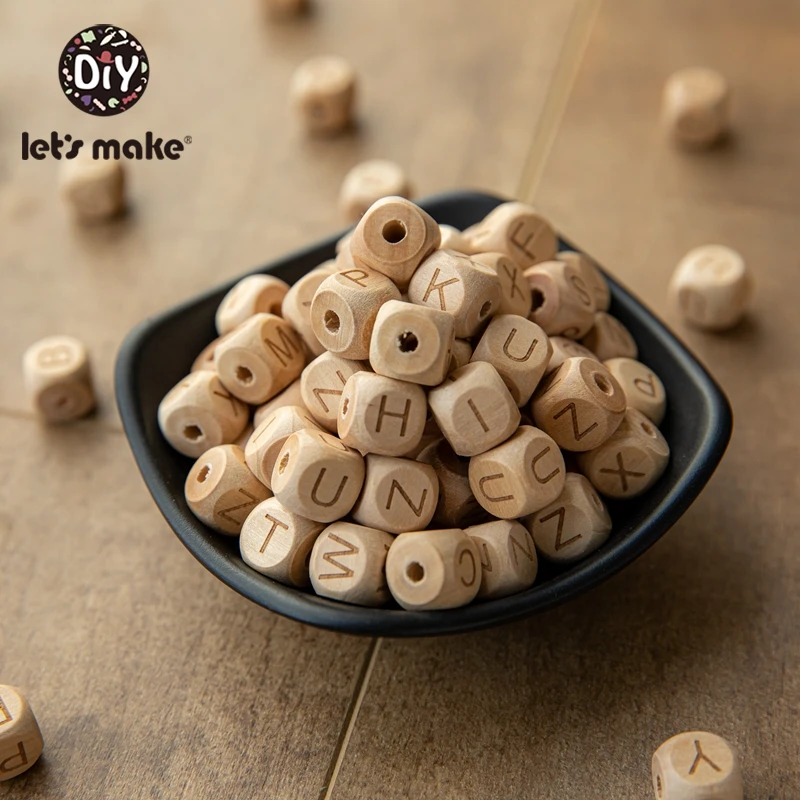 Let's Make-mordedor de madera con forma cuadrada, cuentas de letras de madera de haya, cadena de chupete Diy, mordedor para beb&eacute;s, cuentas de dentici&oacute;n, juguete para ni&ntilde;os, 10 Uds.-0