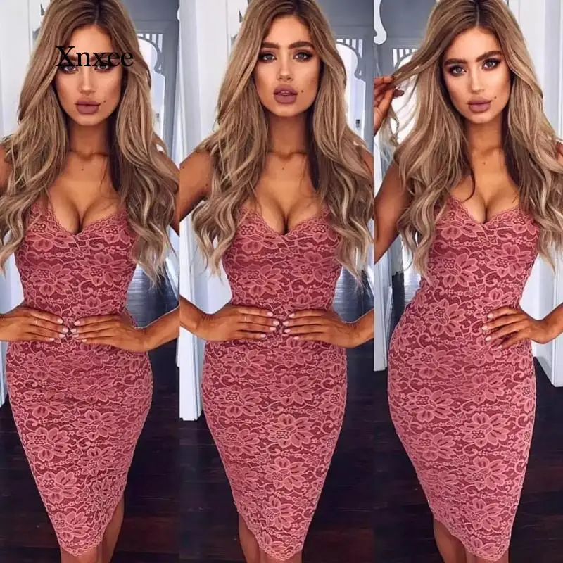 

Sexy Women Summer Lace Elegant Party Bodycon Dress Ladies Spaghetti Straps V-Neck Knee-Length Dresses Vestidos