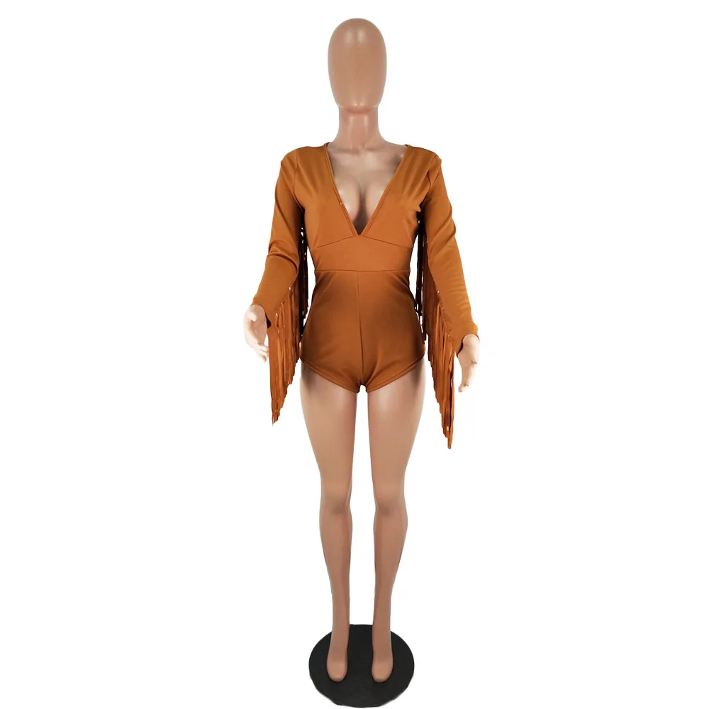 Модный новый боди с бахромой летние комбинезоны v образным вырезом женский