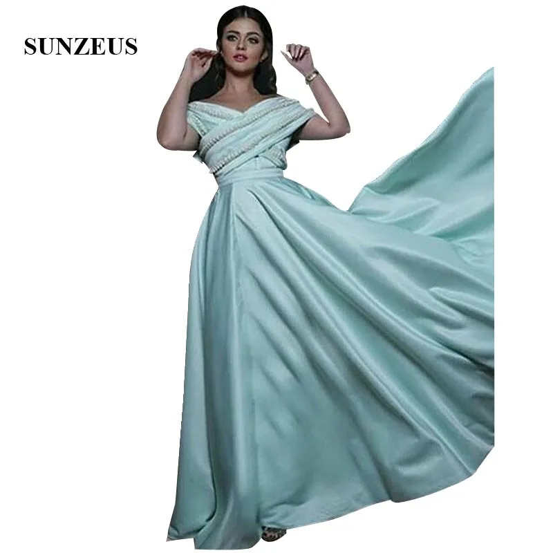 

Pearls Beaded Off Shoulder Evening Dresses Saudi Arabic Women Long Satin Formal Gowns A-line Party Dress