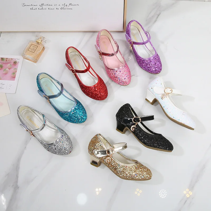 ULKNN Kids High Heel Shoes Girls Leather Shoes Flower Casual Pink Glitter Children 2021 Girls Shoes Butterfly Knot size 26-38