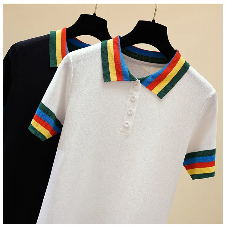 

Summer Women Turn-down Collar Rainbow knitting Dress Pearl Buttons Short Sleeve Slim High Waisted Dress Casual A Line Dress