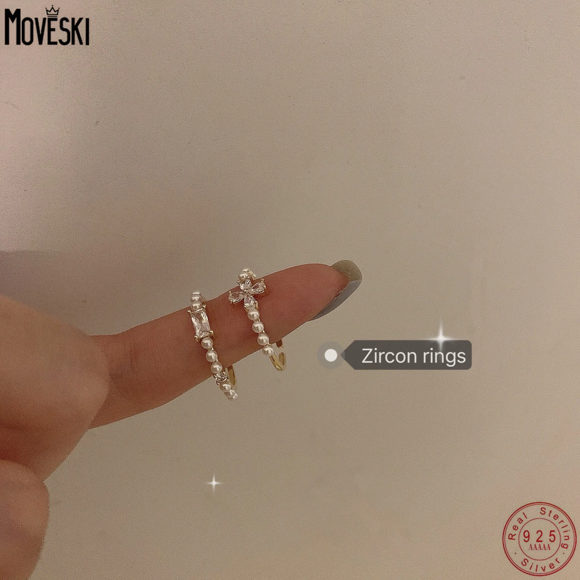 

MOVESKI 925 Sterling Silver Korean Retro Pearl Zircon Personalized Ring Index Finger Ring Boutique Jewelry Christmas Gift