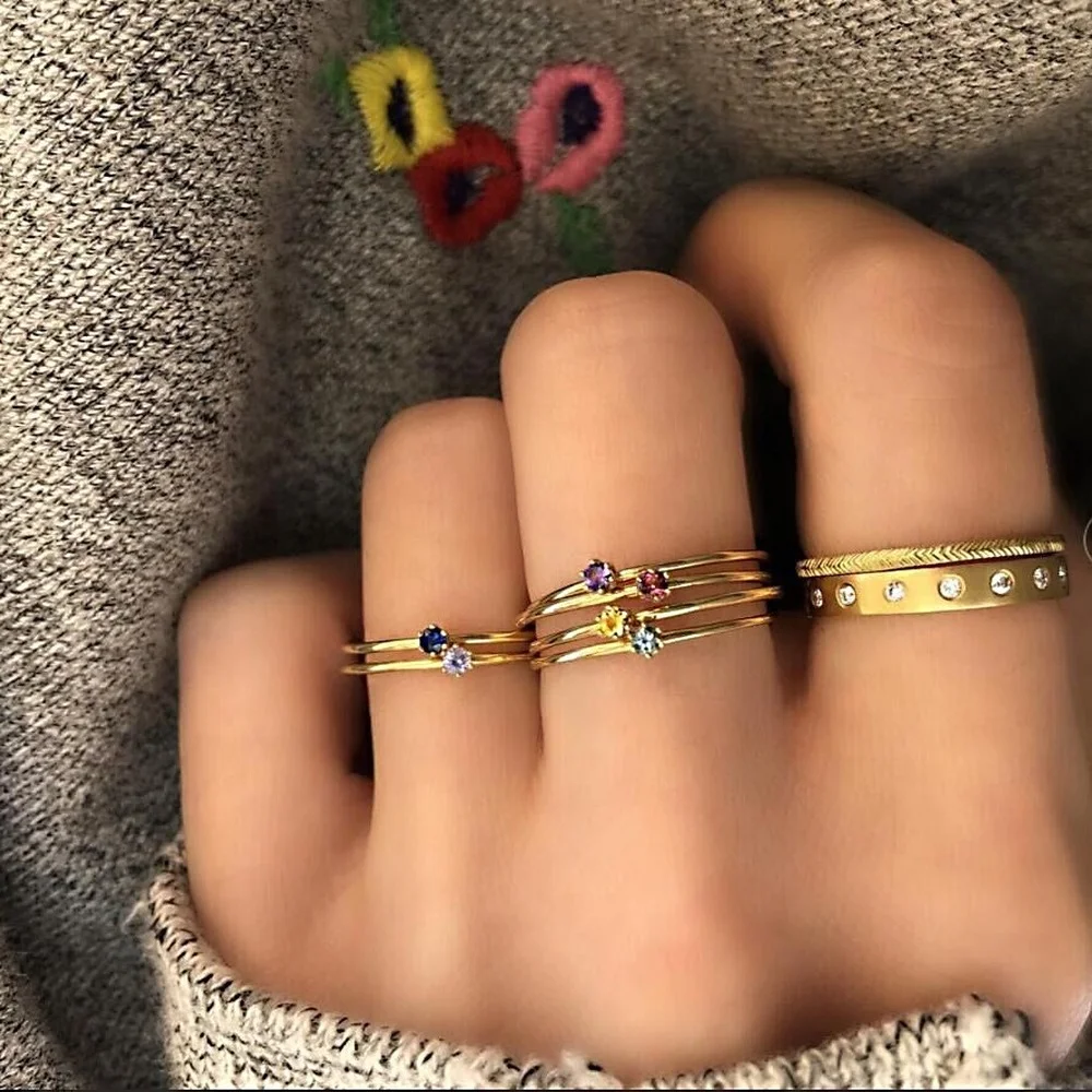 

8 Pcs/set New Boho Rings Trendy 2021 Temperament Irregular Multicolor Micro Drill Ring For Women Golden Grunge Jewelry Wholesale